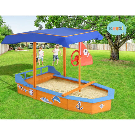 Keezi Kids Sandpit Wooden Boat Sand Pit with Canopy Bench Seat Beach Toys 150cm Baby & Kids Kings Warehouse 