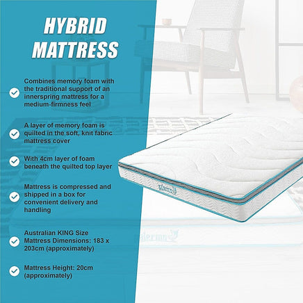 King 20cm Hybrid Mattress – Memory Foam and Innerspring Support Furniture Kings Warehouse 