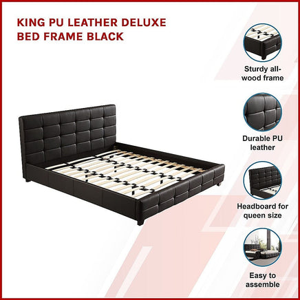 King PU Leather Deluxe Bed Frame Black Furniture Kings Warehouse 