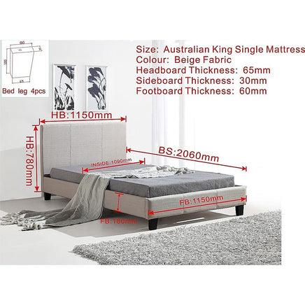 King Single Linen Fabric Bed Frame Beige Furniture Kings Warehouse 