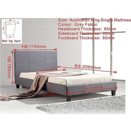 King Single Linen Fabric Bed Frame Grey Kings Warehouse 