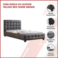 King Single PU Leather Deluxe Bed Frame Brown Kings Warehouse 