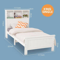 King Single Solid Pine Timber Bed Frame with Bookshelf Storage Headboard- White bedroom furniture Kings Warehouse 