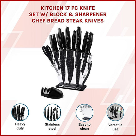 Kitchen 17 Pc Knife Set w/ Block & Sharpener Chef Bread Steak Knives Home & Garden Kings Warehouse 