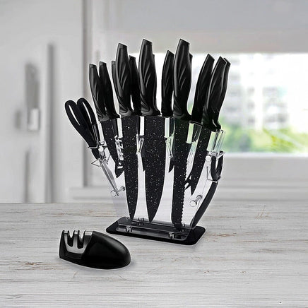 Kitchen 17 Pc Knife Set w/ Block & Sharpener Chef Bread Steak Knives Home & Garden Kings Warehouse 