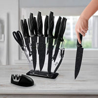 Kitchen 17 Pc Knife Set w/ Block & Sharpener Chef Bread Steak Knives Home & Garden Kings Warehouse 