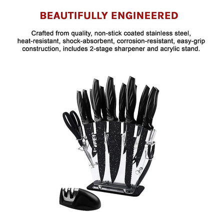 Kitchen 17 Pc Knife Set w/ Block & Sharpener Chef Bread Steak Knives Home & Garden Kings Warehouse 