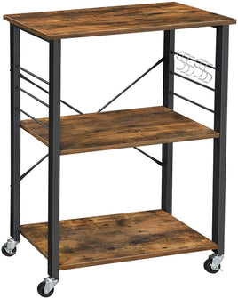 Kitchen Baker's Rack, 3-Tier Serving Cart with Metal Frame and 6 Hooks, Rustic Brown Furniture Kings Warehouse