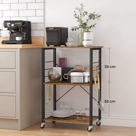 Kitchen Baker's Rack, 3-Tier Serving Cart with Metal Frame and 6 Hooks, Rustic Brown Furniture Kings Warehouse 