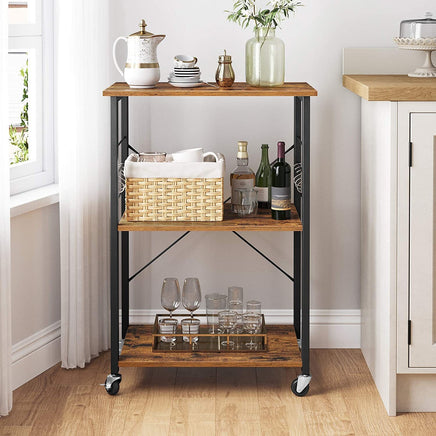 Kitchen Baker's Rack, 3-Tier Serving Cart with Metal Frame and 6 Hooks, Rustic Brown Furniture Kings Warehouse 