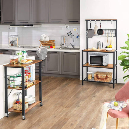Kitchen Baker's Rack, 3-Tier Serving Cart with Metal Frame and 6 Hooks, Rustic Brown Furniture Kings Warehouse 