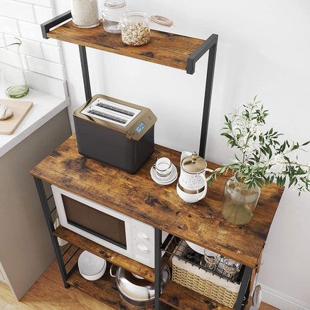 Kithcen Baker's Rack with Shelves Microwave Stand with Wire Basket and 6 S-Hooks Rustic Brown Furniture Kings Warehouse 