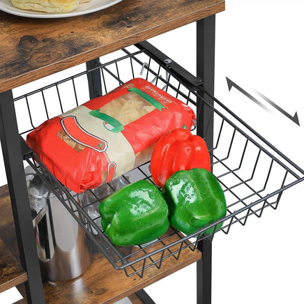 Kithcen Baker's Rack with Shelves Microwave Stand with Wire Basket and 6 S-Hooks Rustic Brown Furniture Kings Warehouse 