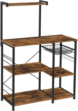 Kithcen Baker's Rack with Shelves Microwave Stand with Wire Basket and 6 S-Hooks Rustic Brown Furniture Kings Warehouse 