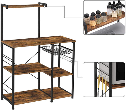 Kithcen Baker's Rack with Shelves Microwave Stand with Wire Basket and 6 S-Hooks Rustic Brown Furniture Kings Warehouse 