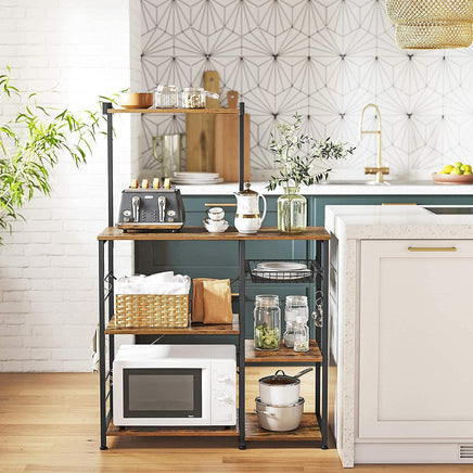 Kithcen Baker's Rack with Shelves Microwave Stand with Wire Basket and 6 S-Hooks Rustic Brown Furniture Kings Warehouse 