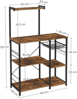 Kithcen Baker's Rack with Shelves Microwave Stand with Wire Basket and 6 S-Hooks Rustic Brown Furniture Kings Warehouse 