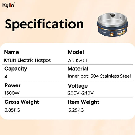 Kylin Electric 1500W Hotpot with Stainless Steel Inner Pot 4L AU-K2011 Appliances Kings Warehouse 