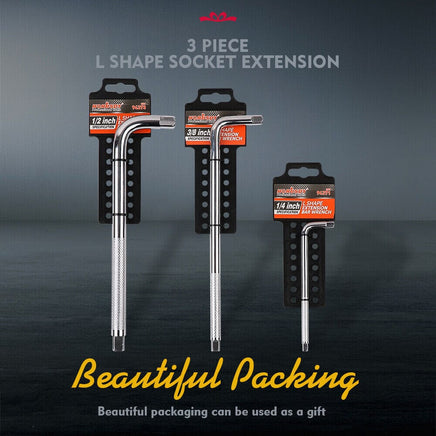 L Shape Socket Extension Bar 1/4" 3/8" 1/2" Drive Wrench Breaker CR-V Anti-Slip Set of each size Auto Accessories Kings Warehouse 
