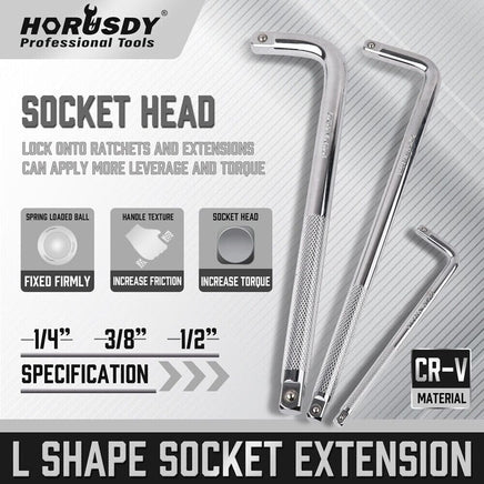 L Shape Socket Extension Bar 1/4" 3/8" 1/2" Drive Wrench Breaker CR-V Anti-Slip Set of each size Auto Accessories Kings Warehouse 