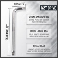 L Shape Socket Extension Bar 1/4" 3/8" 1/2" Drive Wrench Breaker CR-V Anti-Slip Set of each size Auto Accessories Kings Warehouse 