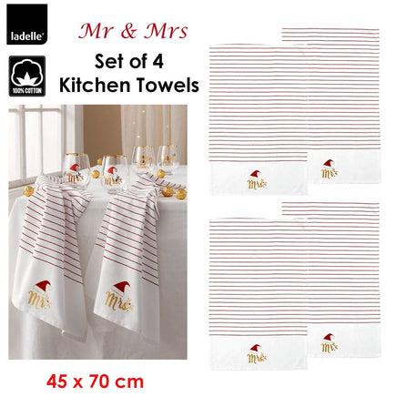 Ladelle Mr & Mrs Christmas Hat Set of 4 Cotton Kitchen Towels 45 x 70 cm Home & Garden Kings Warehouse 