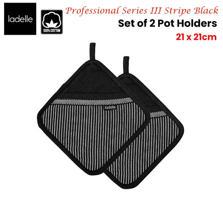 Ladelle Professional Series Stripe Black Set of 2 Pot Holders 21 x 21 cm Home & Garden Kings Warehouse 