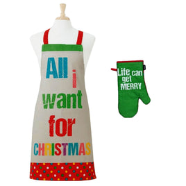 Ladelle Set of 2 All I want Christmas Oven Mitt & Apron Kitchen Set Home & Garden Kings Warehouse 