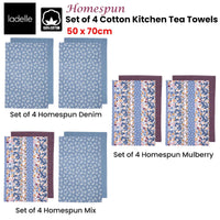 Ladelle Set of 4 Homespun Cotton Kitchen Tea Towels 50 x 70 cm Denim Home & Garden Kings Warehouse 