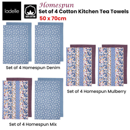 Ladelle Set of 4 Homespun Cotton Kitchen Tea Towels 50 x 70 cm Mulberry Home & Garden Kings Warehouse 