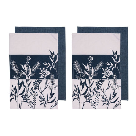 Ladelle Set of 4 Homespun Flower Cotton Kitchen Tea Towels 50 x 70 cm Denim Home & Garden Kings Warehouse 