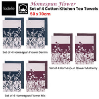 Ladelle Set of 4 Homespun Flower Cotton Kitchen Tea Towels 50 x 70 cm Mix Home & Garden Kings Warehouse 