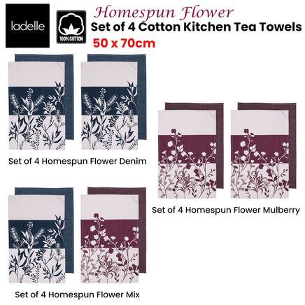 Ladelle Set of 4 Homespun Flower Cotton Kitchen Tea Towels 50 x 70 cm Mix Home & Garden Kings Warehouse 