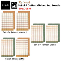 Ladelle Set of 4 Retreat Cotton Kitchen Tea Towels 50 x 70 cm Green Home & Garden Kings Warehouse 