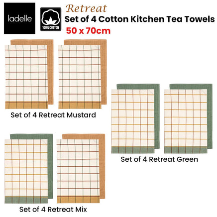 Ladelle Set of 4 Retreat Cotton Kitchen Tea Towels 50 x 70 cm Mustard Home & Garden Kings Warehouse 