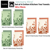 Ladelle Set of 4 Sanctuary Floral Cotton Kitchen Tea Towels 50 x 70 cm Terracotta Home & Garden Kings Warehouse 