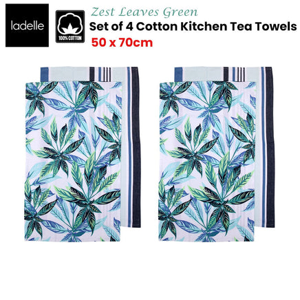Ladelle Set of 4 Zest Leaves Green Cotton Kitchen Tea Towels 50 x 70 cm Home & Garden Kings Warehouse 