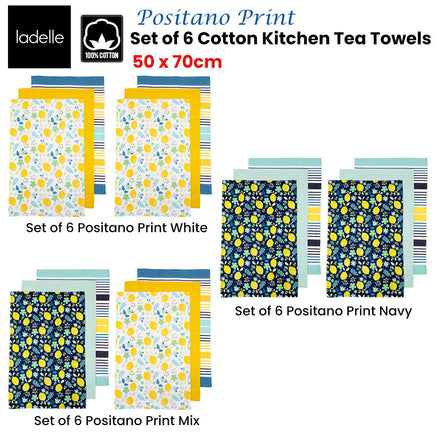 Ladelle Set of 6 Positano Cotton Kitchen Tea Towels 50 x 70 cm White Home & Garden Kings Warehouse 