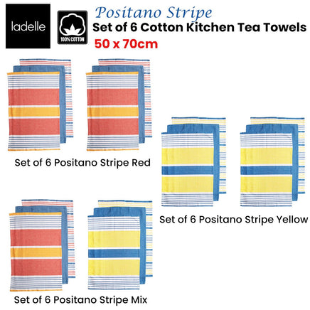 Ladelle Set of 6 Positano Stripe Cotton Kitchen Tea Towels 50 x 70 cm Mix Home & Garden Kings Warehouse 