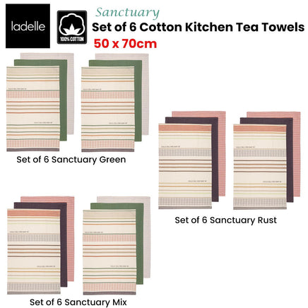 Ladelle Set of 6 Sanctuary Cotton Kitchen Tea Towels 50 x 70 cm Green Home & Garden Kings Warehouse 