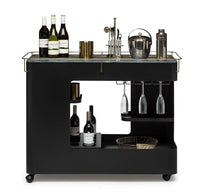 Large Contemporary Black Gold Drinks Trolley Bar Cart with Marble Top and Stemware Rack Furniture Kings Warehouse 