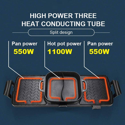 Large Electric Grill Hot Pot Hotpot 2 In 1 Electric Barbecue Non-Stick Pan Grill/Korean BBQ/Shabu Shabu 2200W Kings Warehouse 