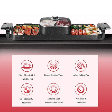 Large Electric Grill Hot Pot Hotpot 2 In 1 Electric Barbecue Non-Stick Pan Grill/Korean BBQ/Shabu Shabu 2200W Kings Warehouse 