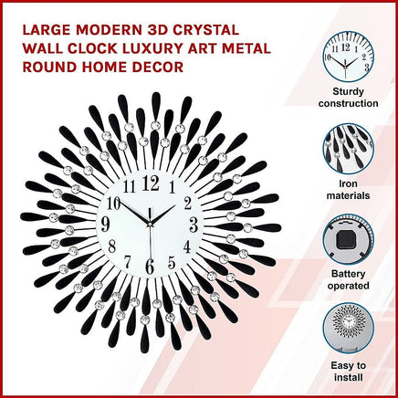 Large Modern 3D Crystal Wall Clock Luxury Art Metal Round Home Decor KingsWarehouse 