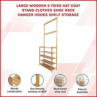 Large Wooden 5 Tiers Hat Coat Stand Clothes Shoe Rack Hanger Hooks Shelf Storage Furniture Kings Warehouse 