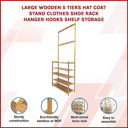 Large Wooden 5 Tiers Hat Coat Stand Clothes Shoe Rack Hanger Hooks Shelf Storage Furniture Kings Warehouse 