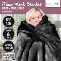 Laura Hill 600GSM Faux Mink Blanket Double-Sided Queen Size - Black Kings Warehouse 