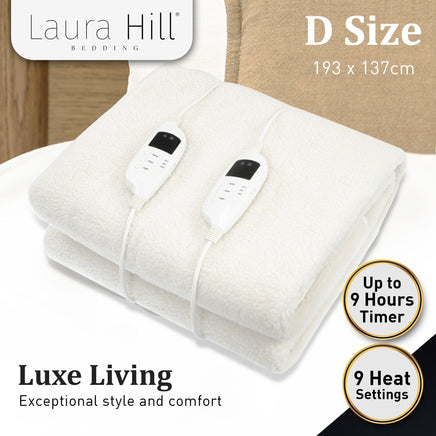 Laura Hill Heated Electric Blanket Double Size Fitted Fleece Underlay Winter Throw - White Home & Garden Kings Warehouse 