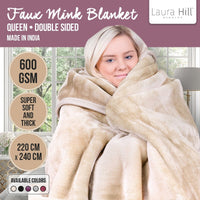 Laura Hill Mink Blanket Double Sided 600GSM Queen Size Beige Kings Warehouse 