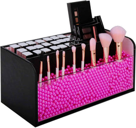 Leather Makeup Brush Cosmetic Organiser Storage Box with Pink Pearls, Acrylic Cover and 3 Compartments(Black) Kings Warehouse 